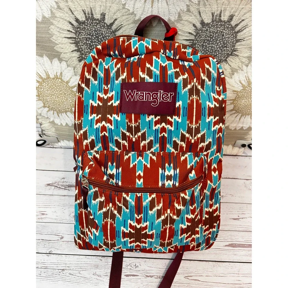 Wrangler by Montana West Aztec Southwestern Print Canvas Backpack Turquoise/Rust